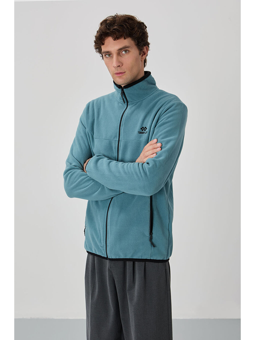 Mint Yeşili Yazı Nakışlı Dik Yaka  Standart Kalıp Erkek Fermuarlı Sweatshirt Polar - 87992-4
