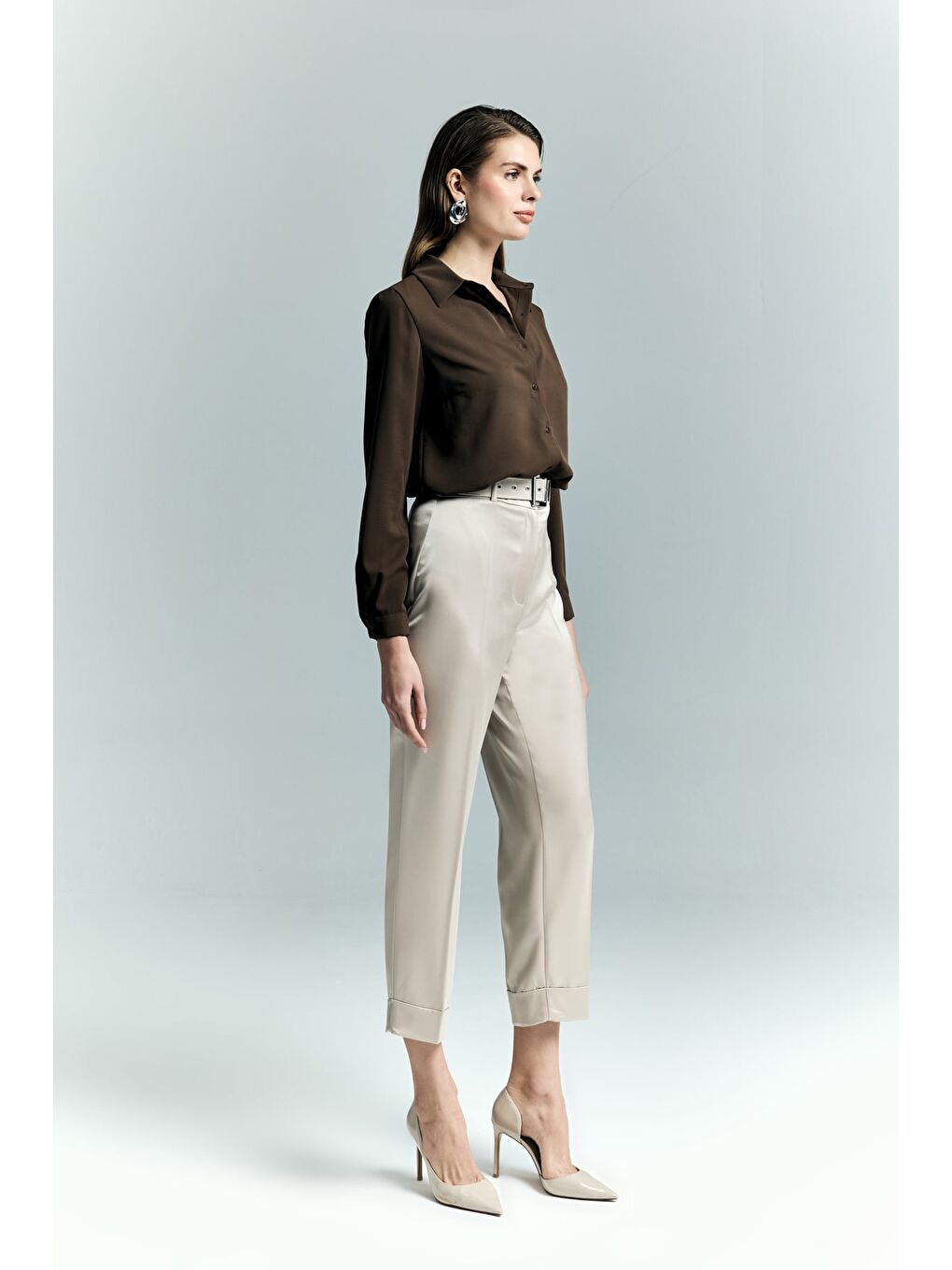 Bej Lisa Saten Duble Paça Pantolon - Taş-1