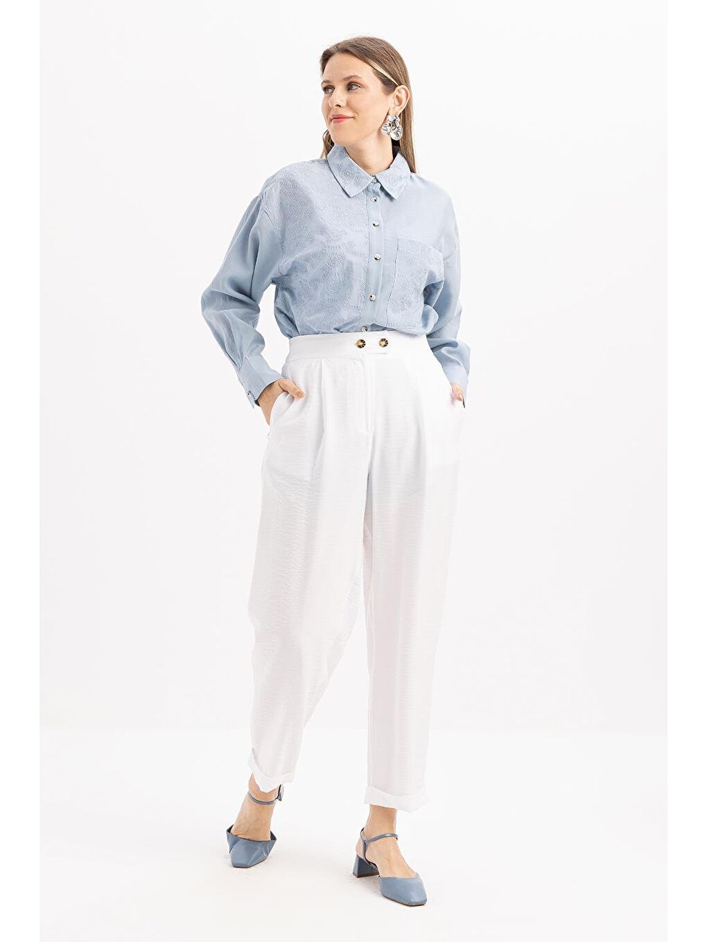 Beyaz-Beli Lastikli Cepli Pantolon