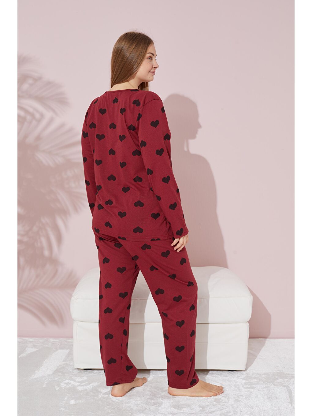 Bordo Siyah Kalp Desenli Curve Büyük Beden Örme Pamuklu Pijama Takımı-1