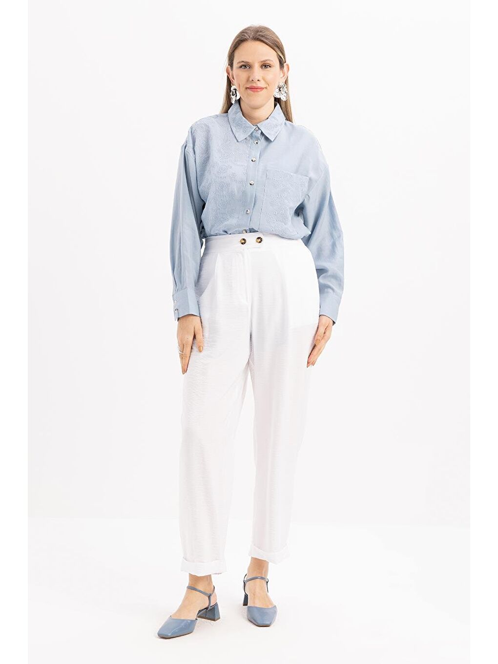 Beyaz-Beli Lastikli Cepli Pantolon-1