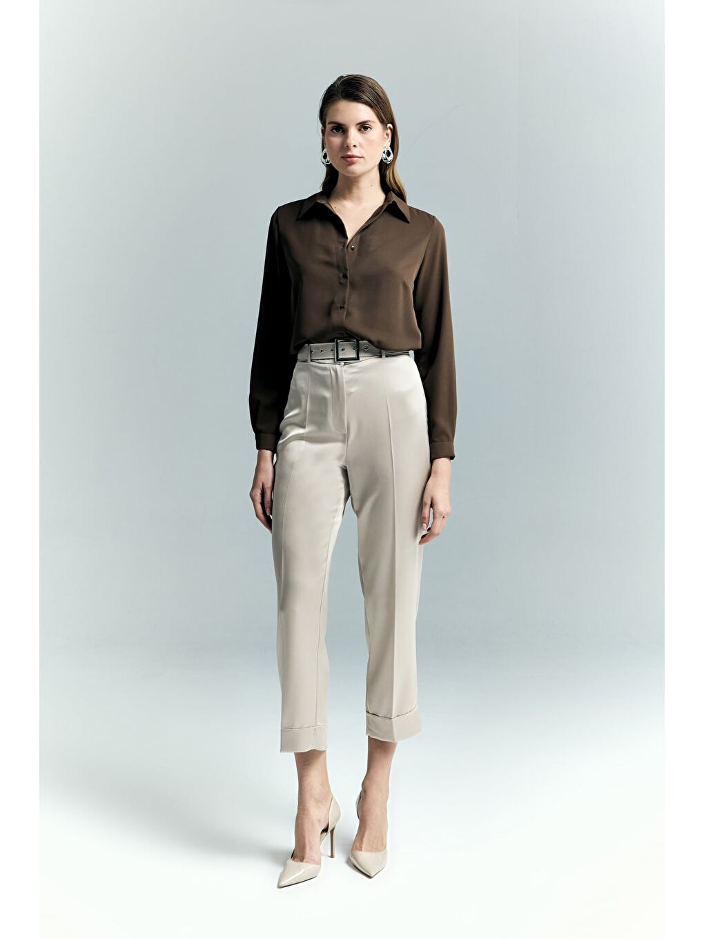 Bej Lisa Saten Duble Paça Pantolon - Taş-3