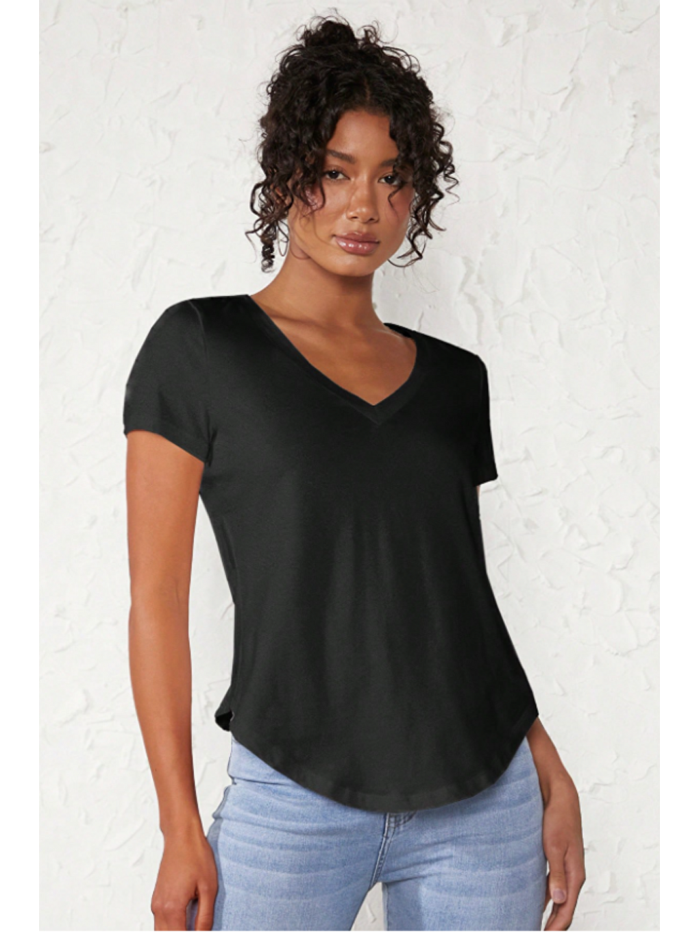 Kadın V Yaka Siyah Basic Tişört | Pamuklu Kısa Kollu Günlük T-Shir