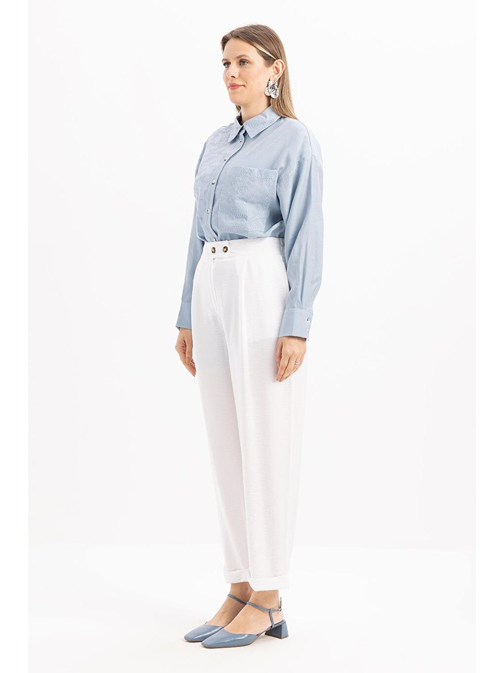 Beyaz-Beli Lastikli Cepli Pantolon-2