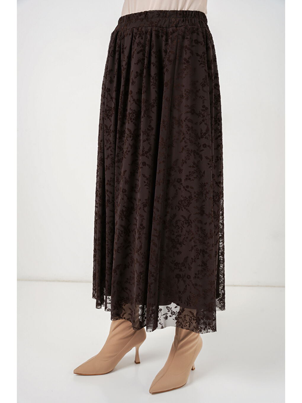 Kadın Flok Baskılı Astarlı Etek 8069 - Kahverengi-4