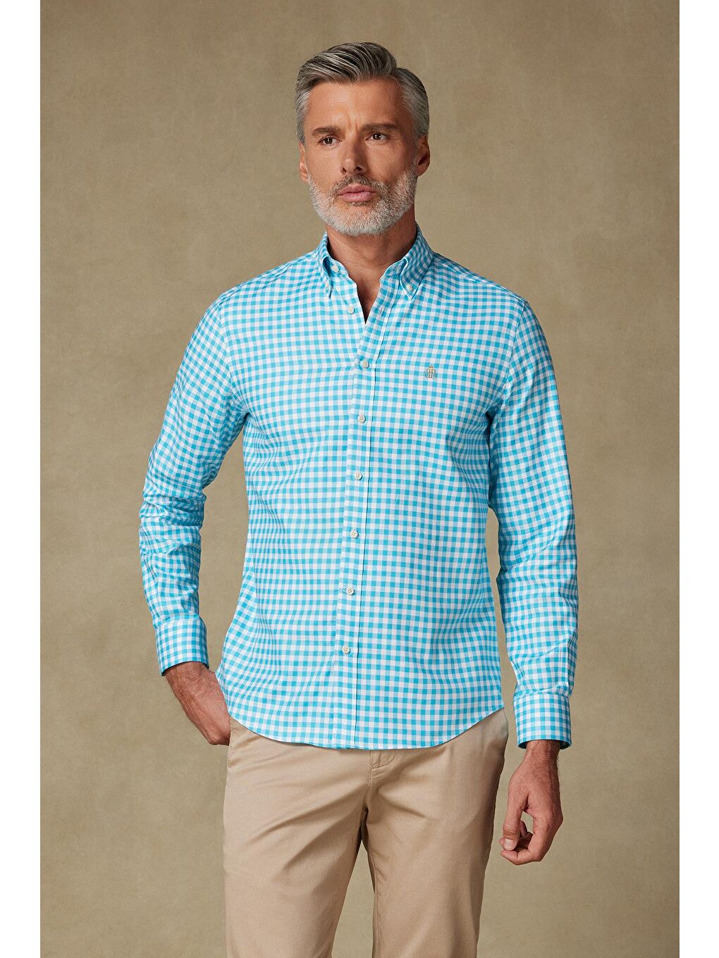 Lusso Twill Pamuklu Comfort Fit Turkuaz Düğmeli Yaka Erkek Kareli %100 Pamuk Gömlek