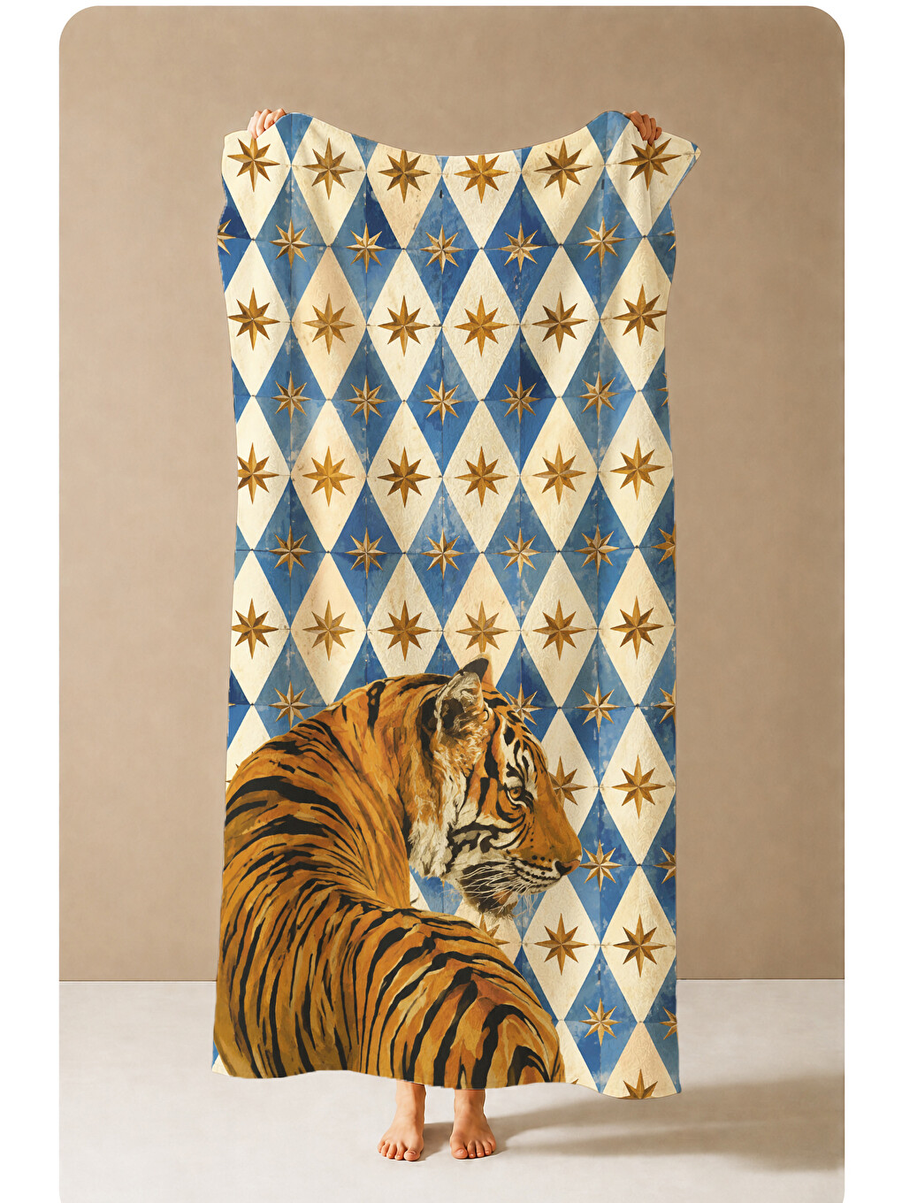 Sarı Maximalist Kaplan Mavi Altın Baklava Geometrik Desenli 70x150 Plaj Havlusu - Pamuklu Banyo Havlusu-4