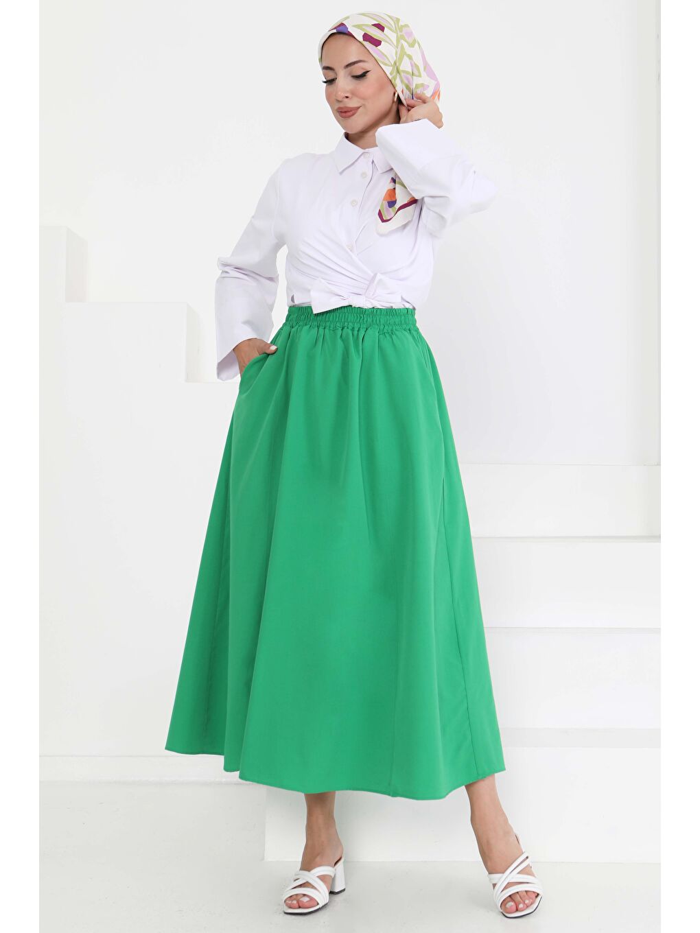 Yeşil Cepli Keten Etek Yesil - 27294-1