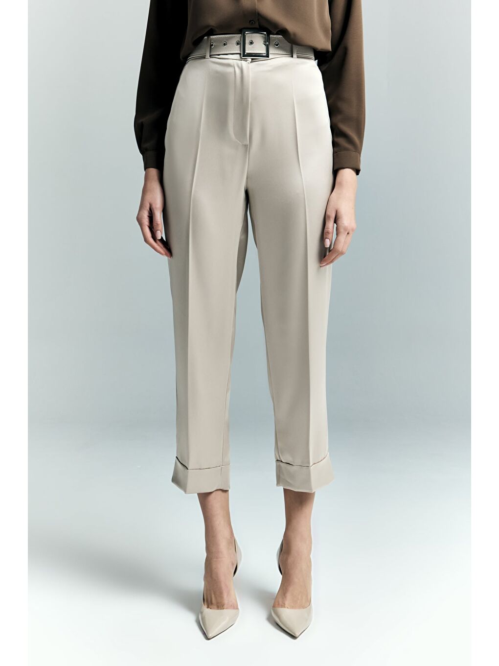 Bej Lisa Saten Duble Paça Pantolon - Taş-4