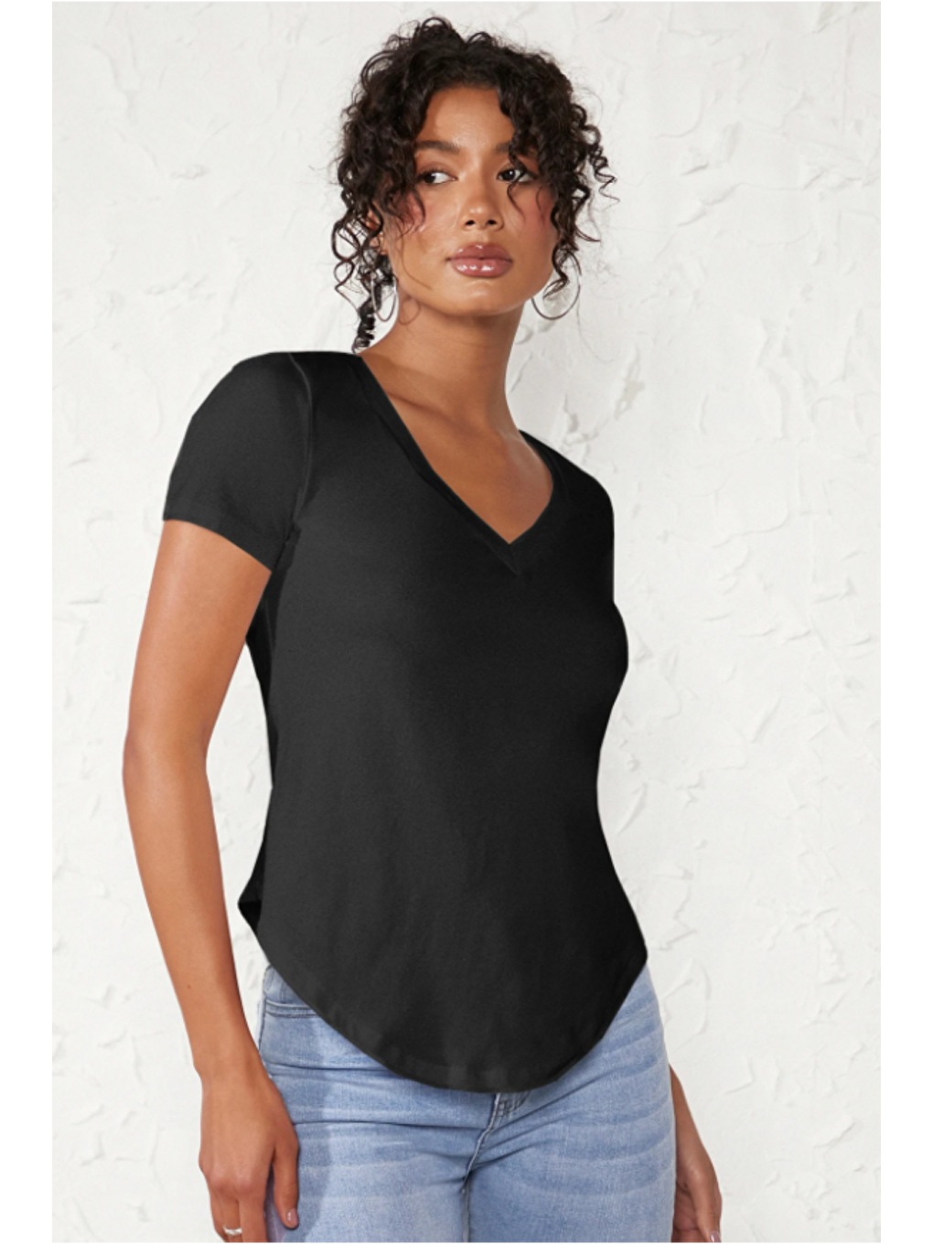 Kadın V Yaka Siyah Basic Tişört | Pamuklu Kısa Kollu Günlük T-Shir-1
