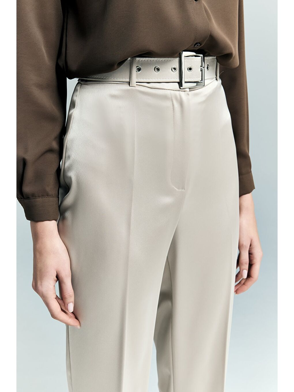 Bej Lisa Saten Duble Paça Pantolon - Taş-5
