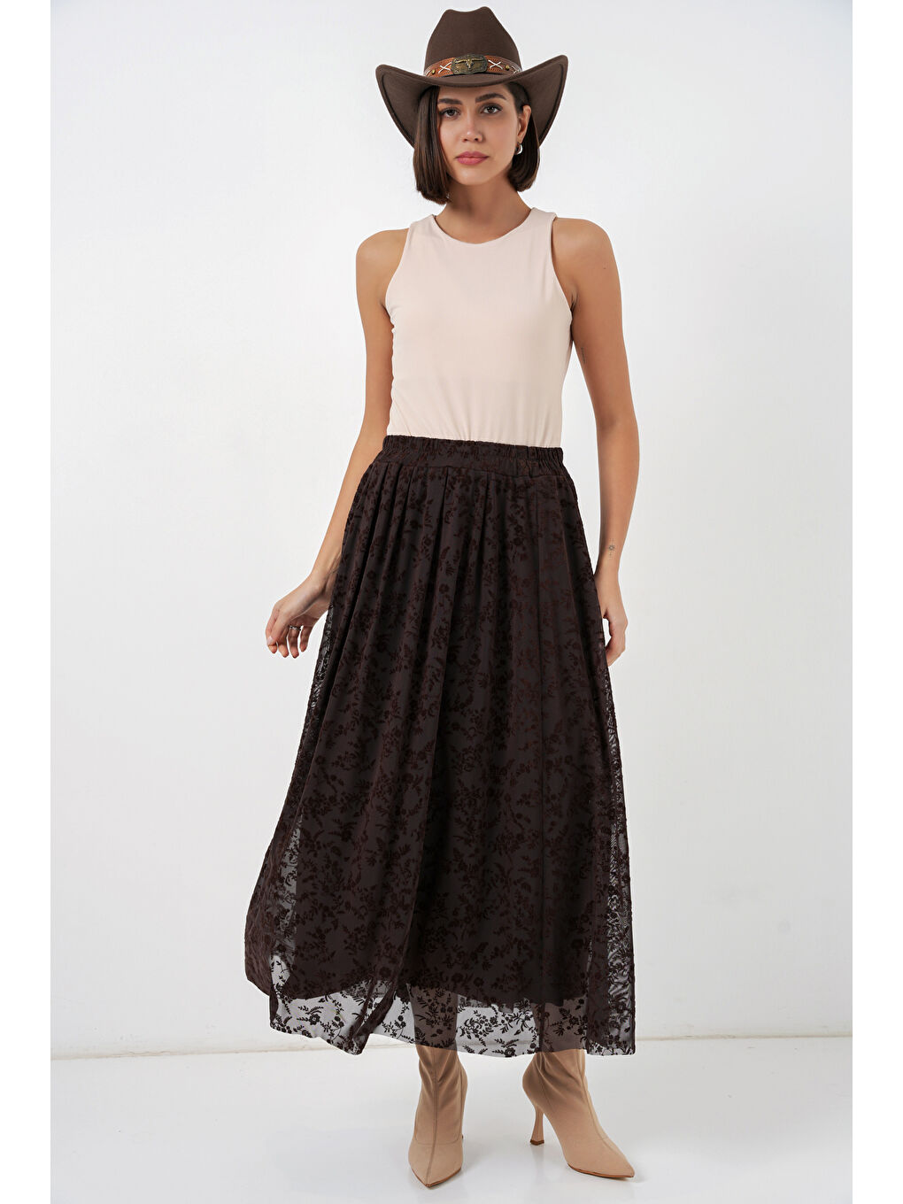 Kadın Flok Baskılı Astarlı Etek 8069 - Kahverengi-5