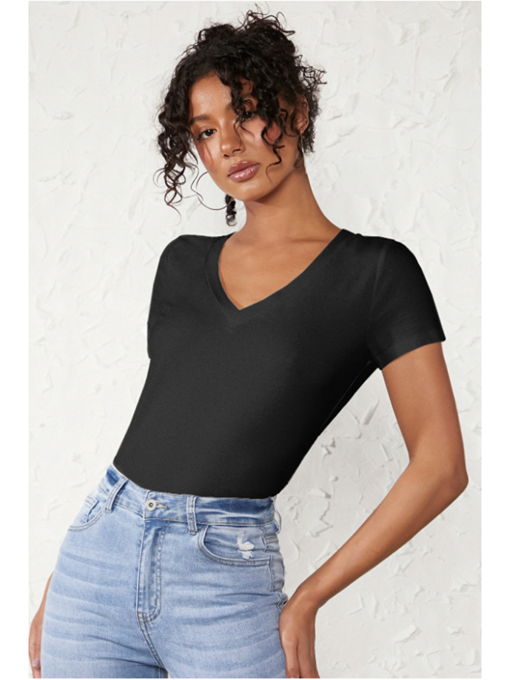 Kadın V Yaka Siyah Basic Tişört | Pamuklu Kısa Kollu Günlük T-Shir-2