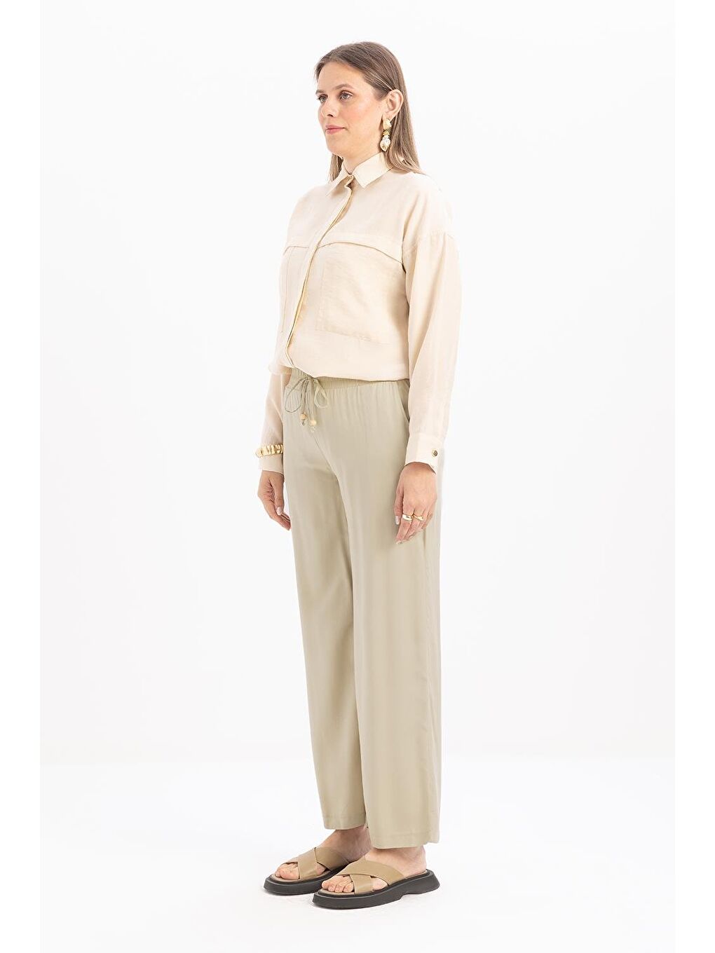 Yeşil Defne-Beli Lastikli Pantolon-1