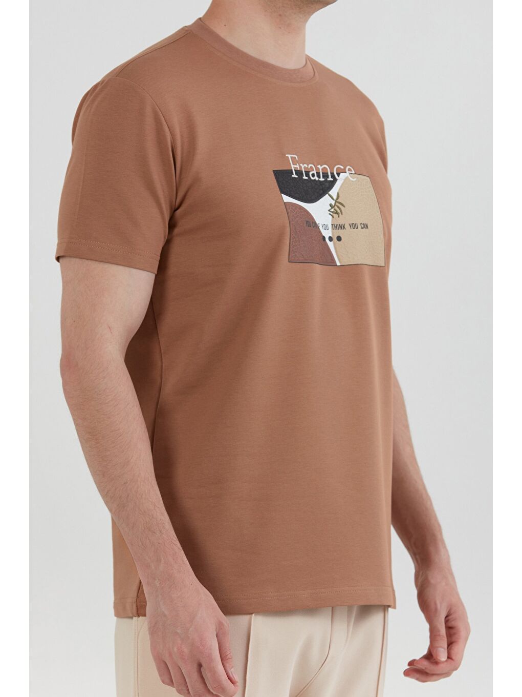 Kahverengi France Yazı Nakışlı Bisiklet Yaka Tişört-4