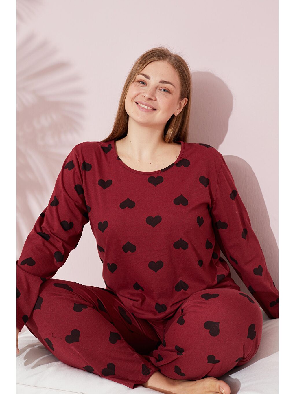 Bordo Siyah Kalp Desenli Curve Büyük Beden Örme Pamuklu Pijama Takımı-2