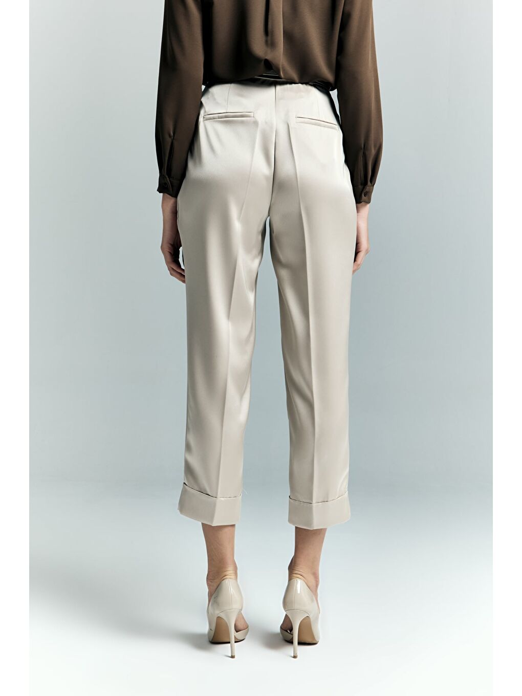 Bej Lisa Saten Duble Paça Pantolon - Taş-6