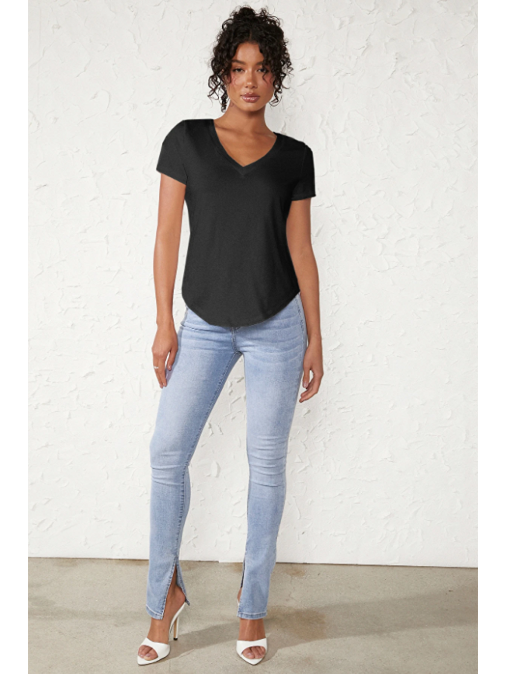Kadın V Yaka Siyah Basic Tişört | Pamuklu Kısa Kollu Günlük T-Shir-3