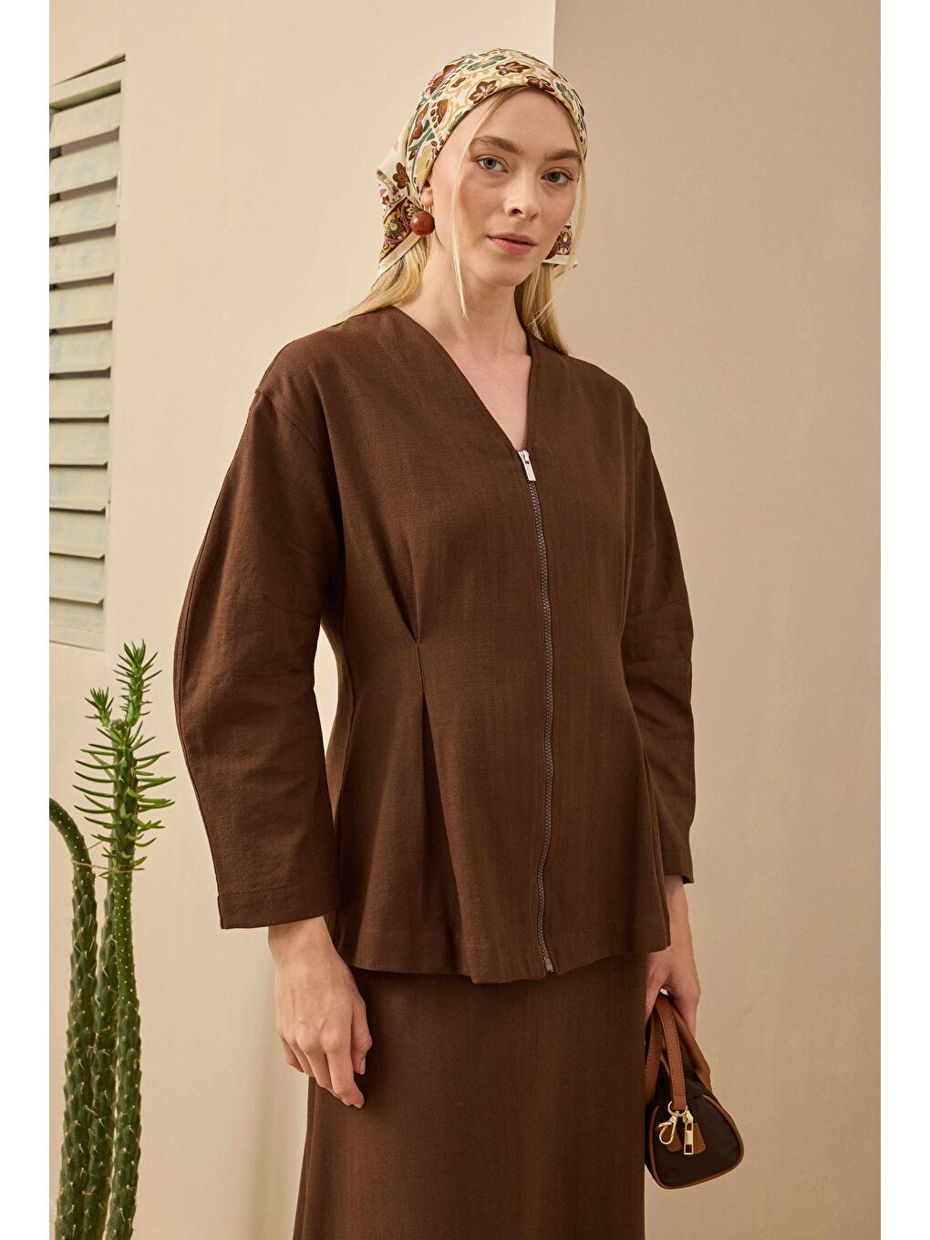 Kahverengi Pamuk Keten Ceket Kahve-1