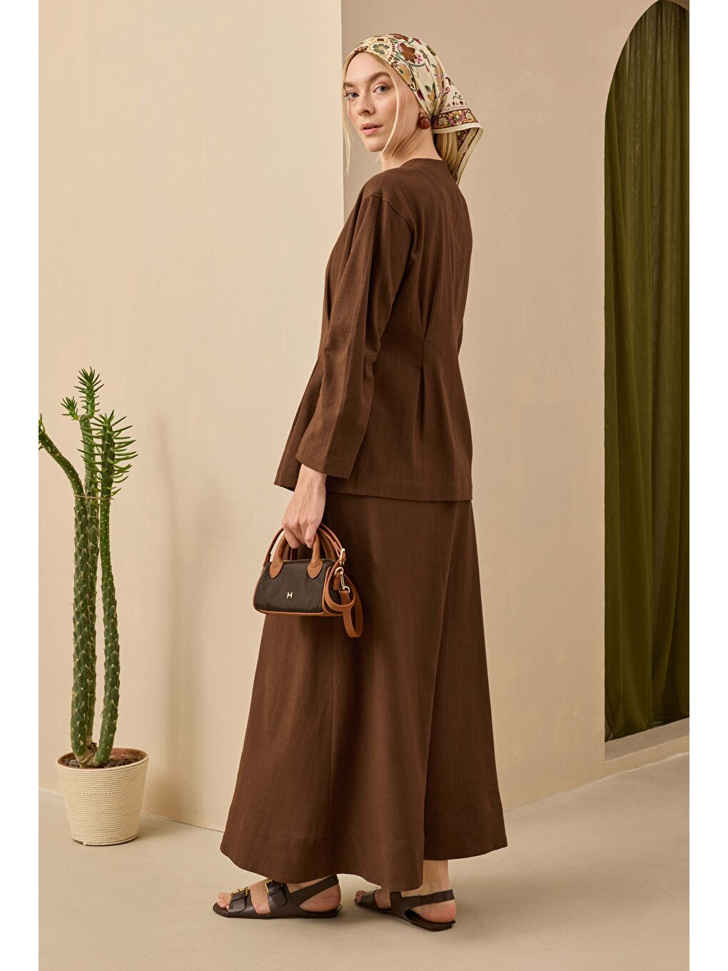 Kahverengi Pamuk Keten Ceket Kahve-2