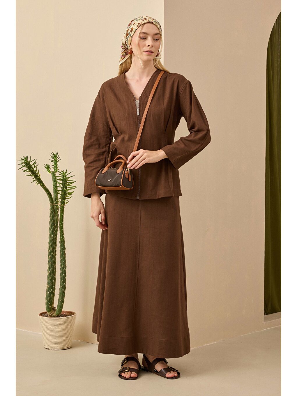 Kahverengi Pamuk Keten Ceket Kahve-3