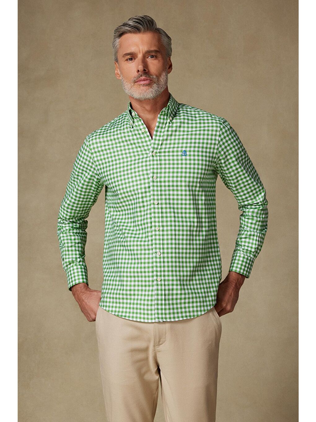 Lusso Twill Pamuklu Comfort Fit Yeşil Düğmeli Yaka Erkek Kareli %100 Pamuk Gömlek