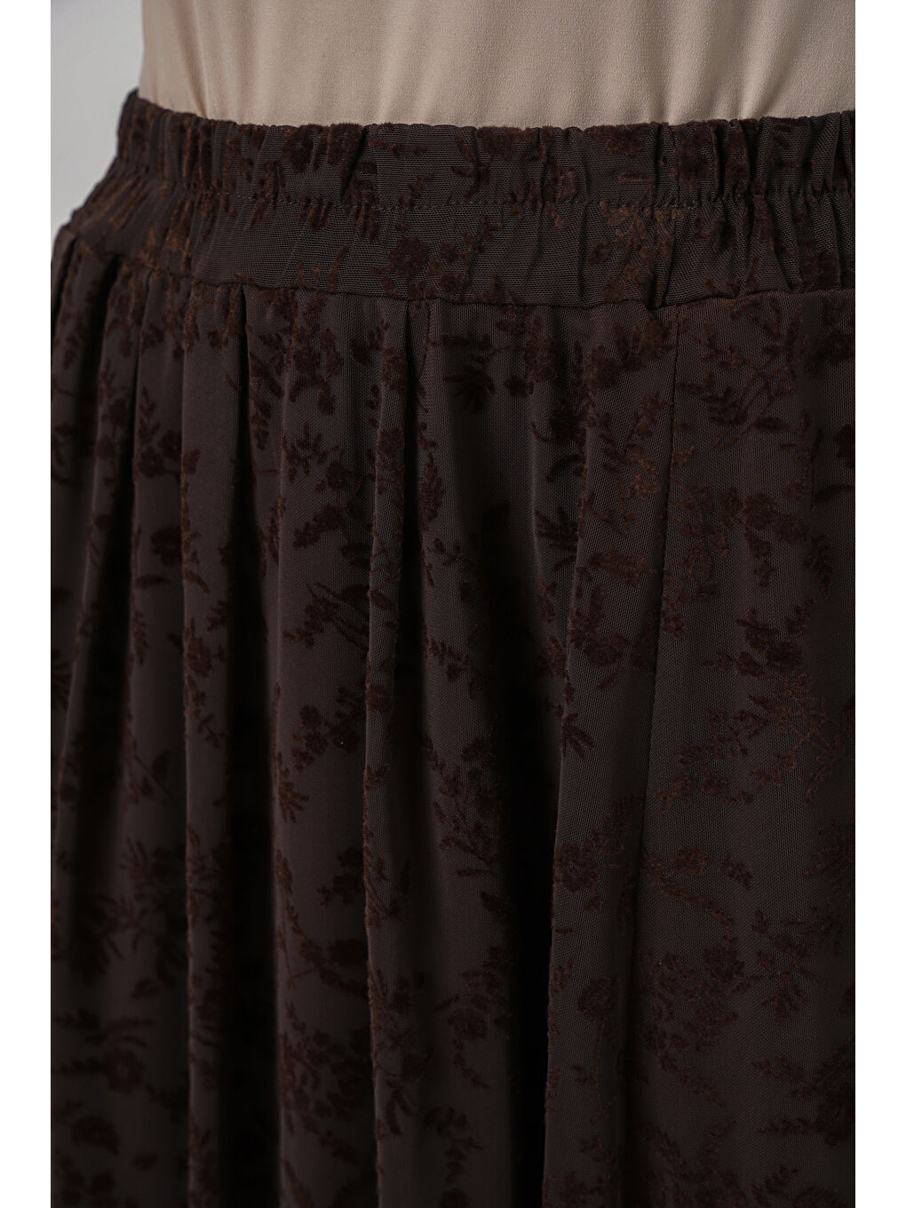 Kadın Flok Baskılı Astarlı Etek 8069 - Kahverengi-6