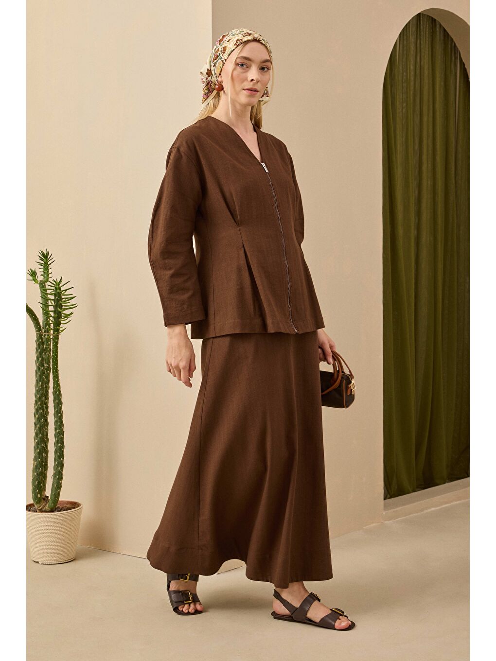 Kahverengi Pamuk Keten Ceket Kahve-4
