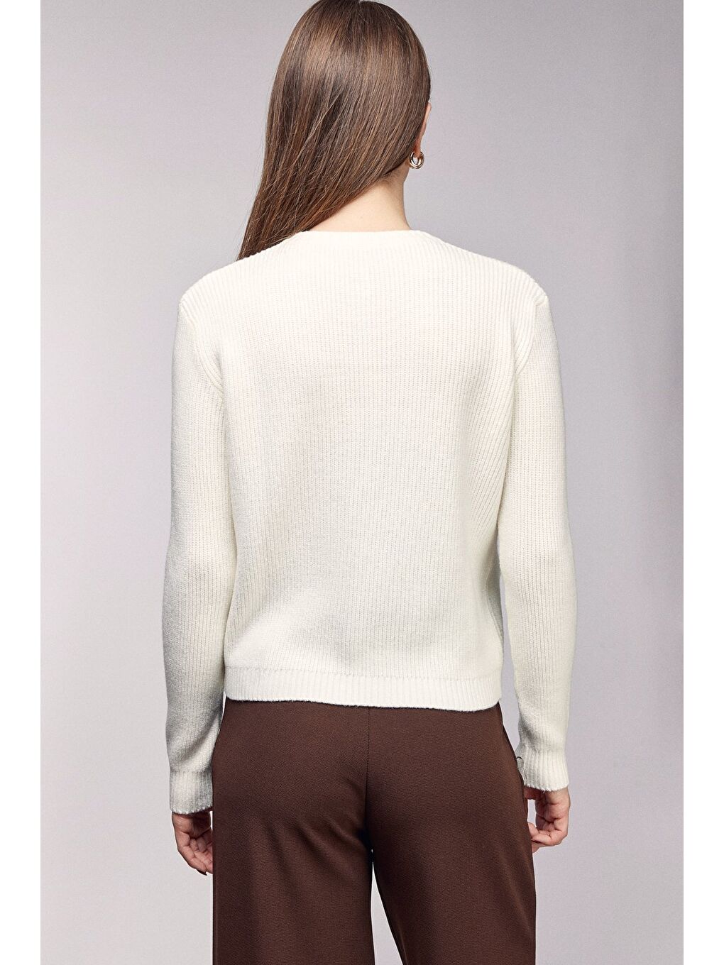 Beyaz Ekru Bisiklet Yaka İnci Düğmeli Fitilli Triko Hırka-3