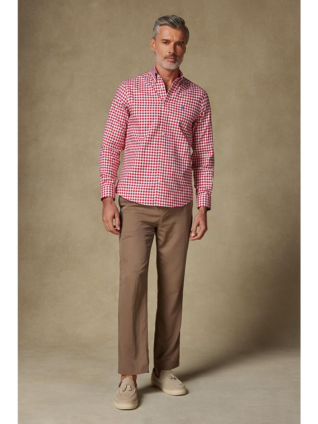 Lusso Twill Pamuklu Comfort Fit Kırmızı Düğmeli Yaka Erkek Kareli %100 Pamuk Gömlek-3