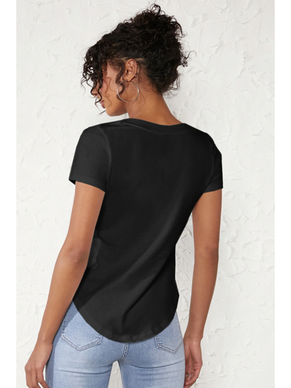 Kadın V Yaka Siyah Basic Tişört | Pamuklu Kısa Kollu Günlük T-Shir-5