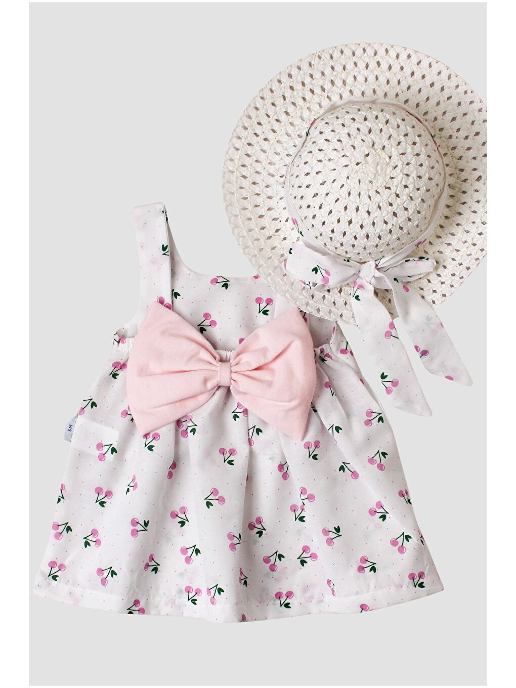 Lila Kiraz Desenli Şapkalı Fiyonklu Kız Bebek Elbisesi