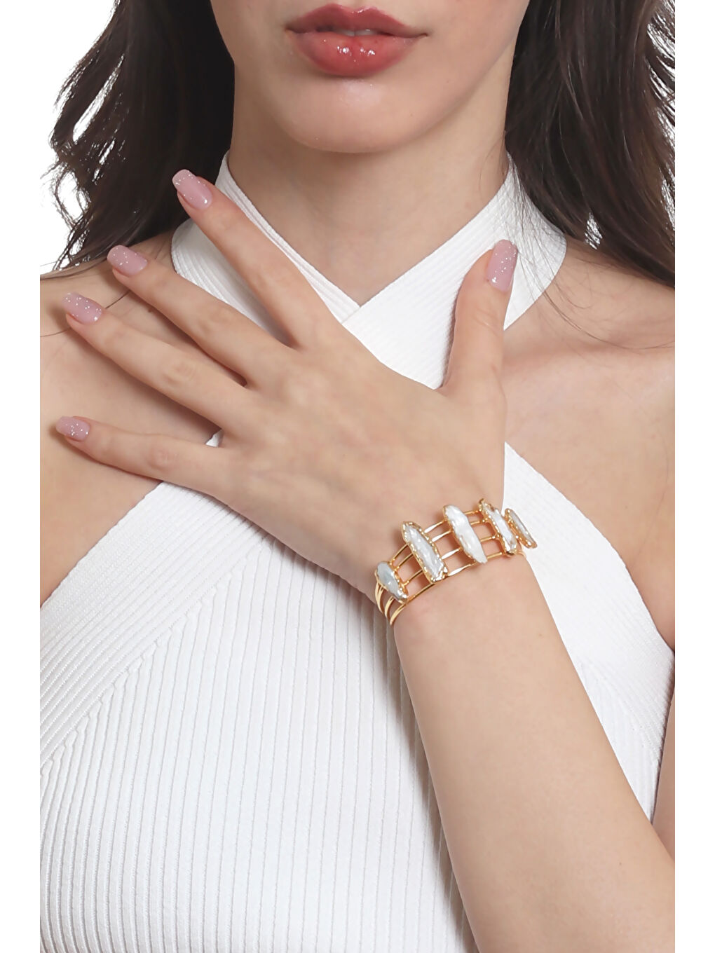 Sarı Kadın İnci Detaylı Dört Telli El Yapımı Tasarım Bileklik-5