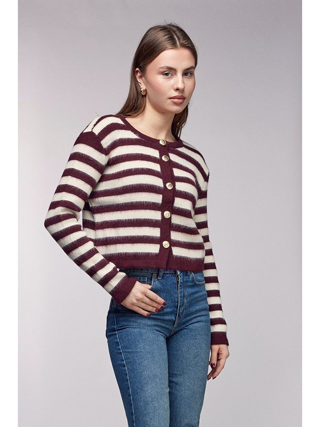 Bordo Çizgili Gold Düğmeli Bisiklet Yaka Hırka