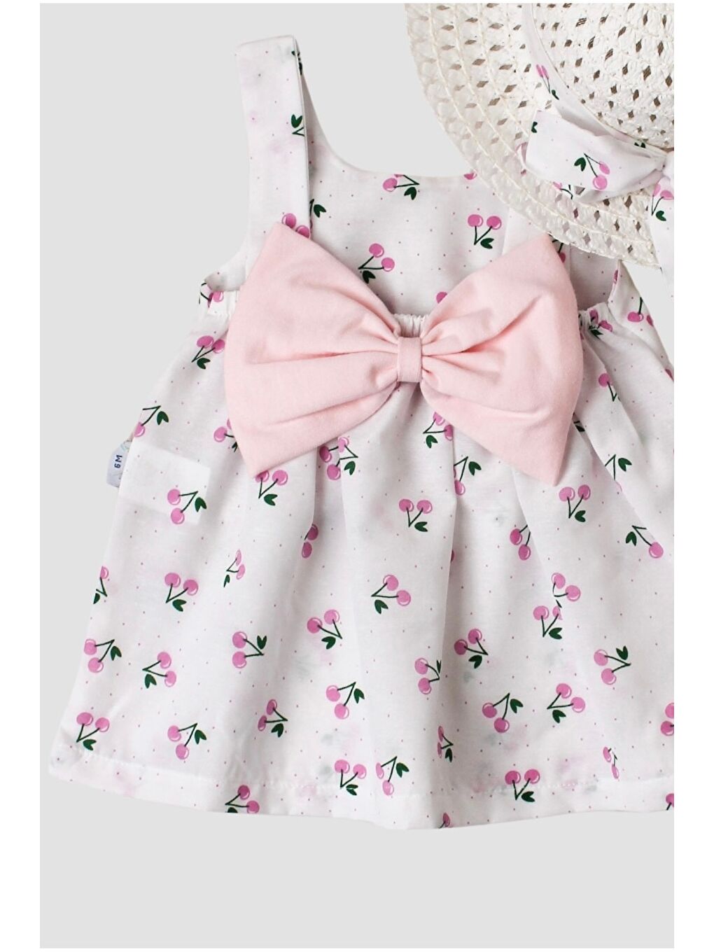 Lila Kiraz Desenli Şapkalı Fiyonklu Kız Bebek Elbisesi-1