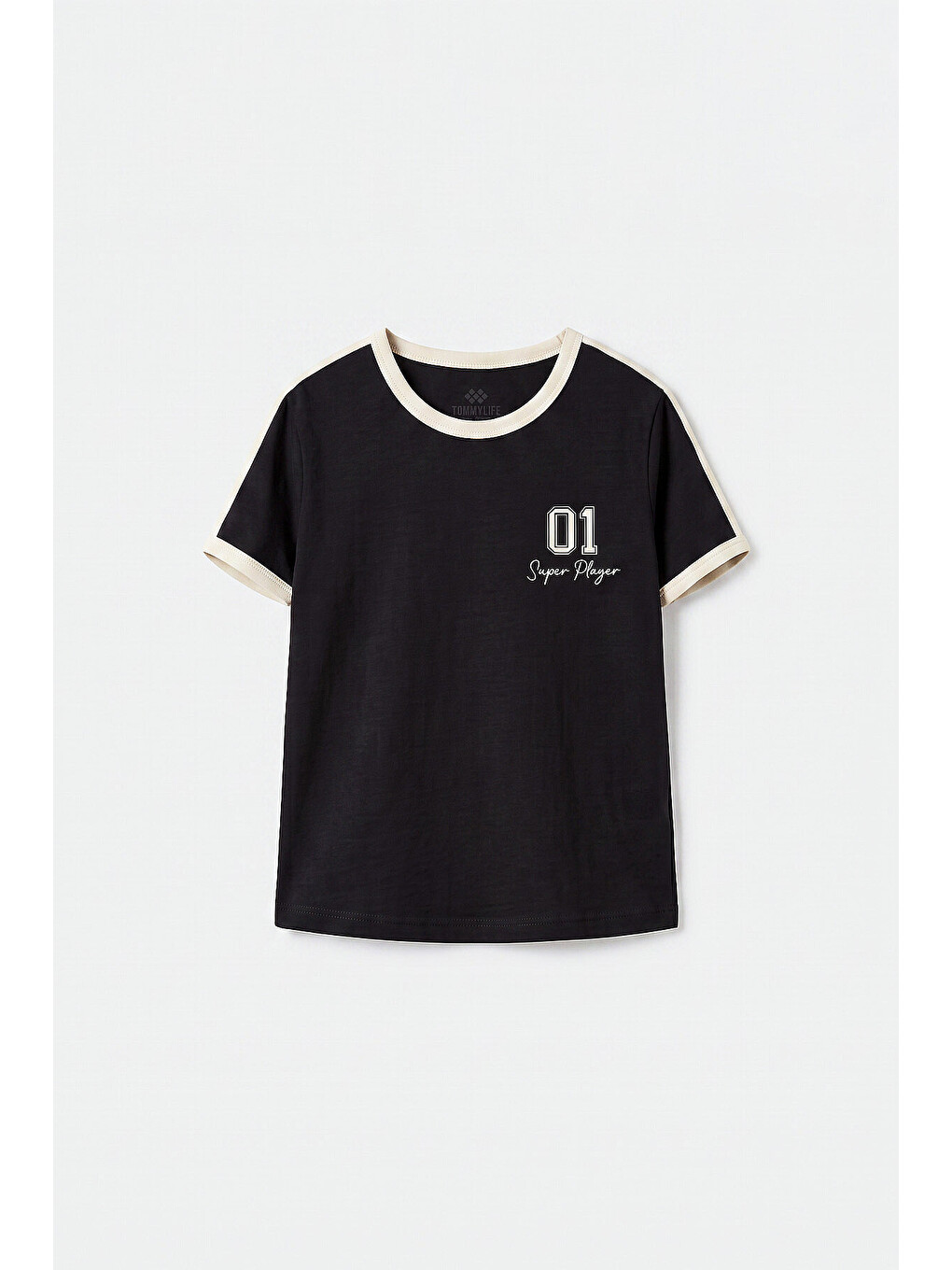 Siyah Omuz Biye Detaylı Baskılı Kız Çocuk T-shirt - 75181