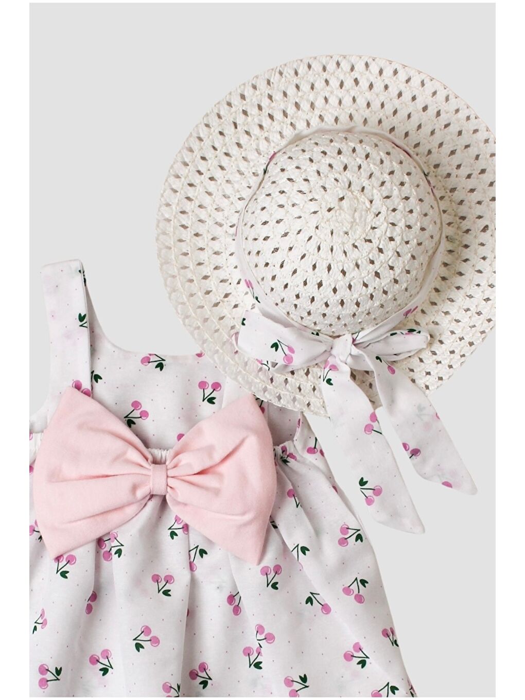 Lila Kiraz Desenli Şapkalı Fiyonklu Kız Bebek Elbisesi-2