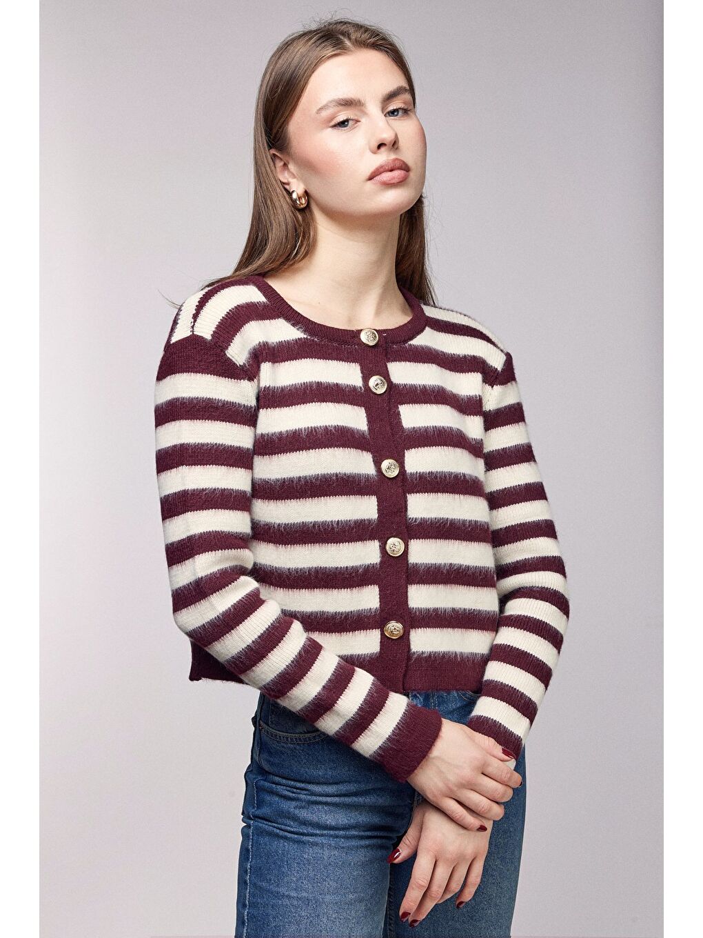 Bordo Çizgili Gold Düğmeli Bisiklet Yaka Hırka-1