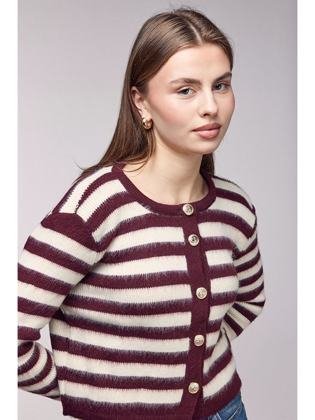 Bordo Çizgili Gold Düğmeli Bisiklet Yaka Hırka-2