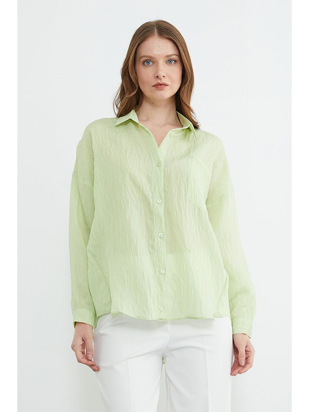 Yeşil Tek Cepli Çapraz Düğmeli Oversize Gömlek-1
