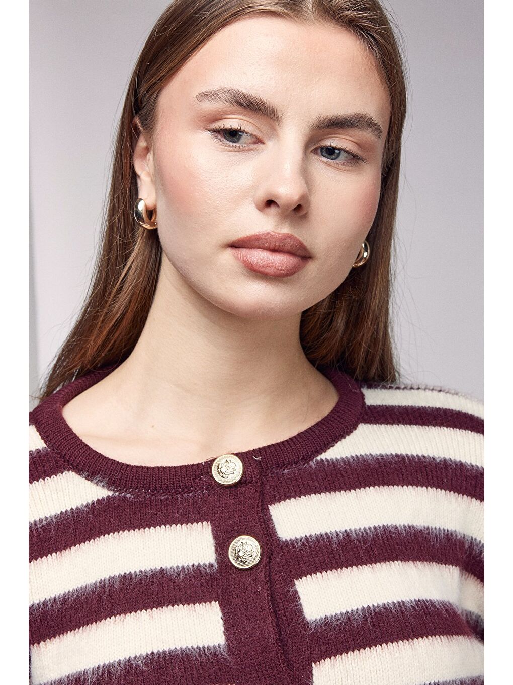 Bordo Çizgili Gold Düğmeli Bisiklet Yaka Hırka-3