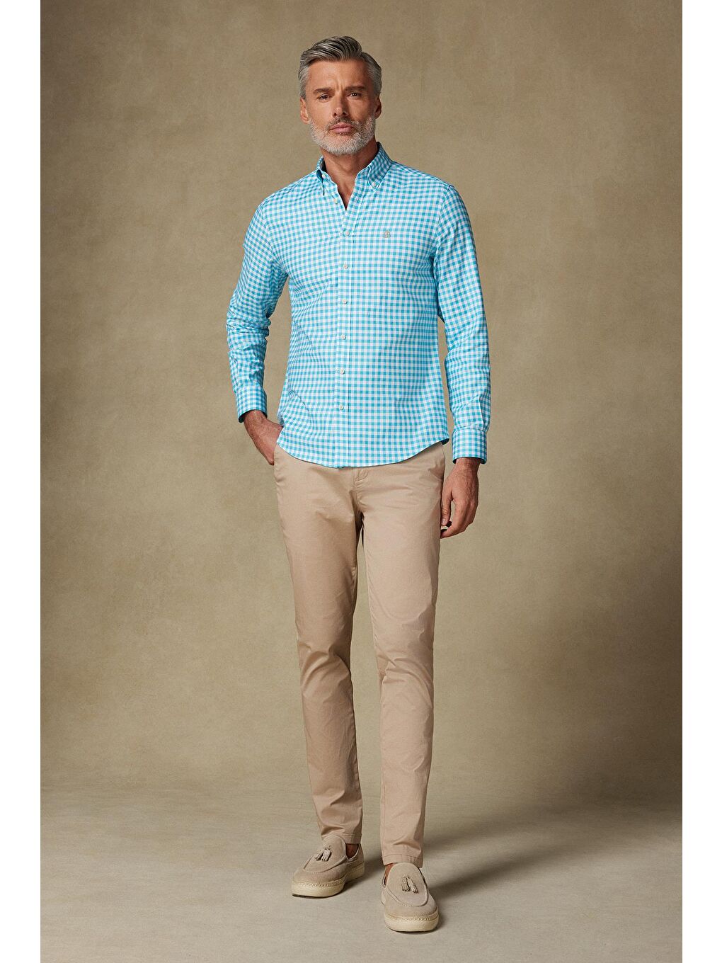 Lusso Twill Pamuklu Comfort Fit Turkuaz Düğmeli Yaka Erkek Kareli %100 Pamuk Gömlek-3