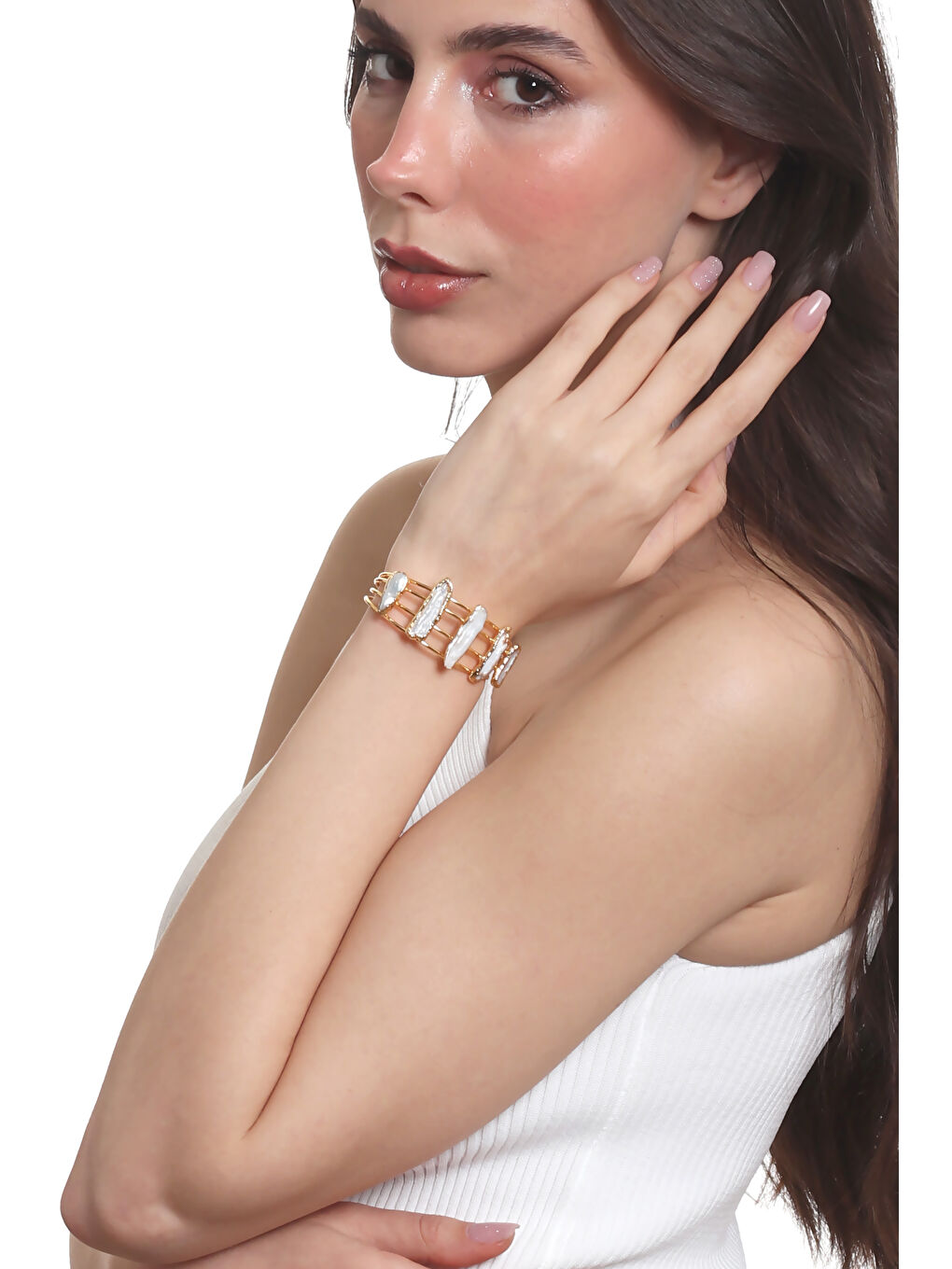 Sarı Kadın İnci Detaylı Dört Telli El Yapımı Tasarım Bileklik-2