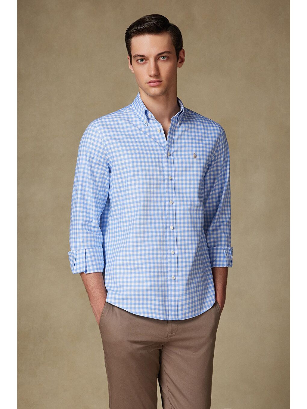 Lusso Twill Pamuklu Comfort Fit Açık Mavi Düğmeli Yaka Erkek Kareli %100 Pamuk Gömlek