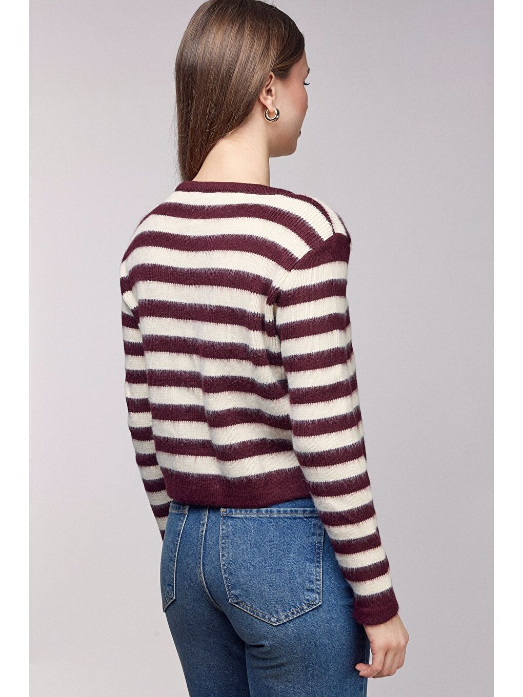 Bordo Çizgili Gold Düğmeli Bisiklet Yaka Hırka-4