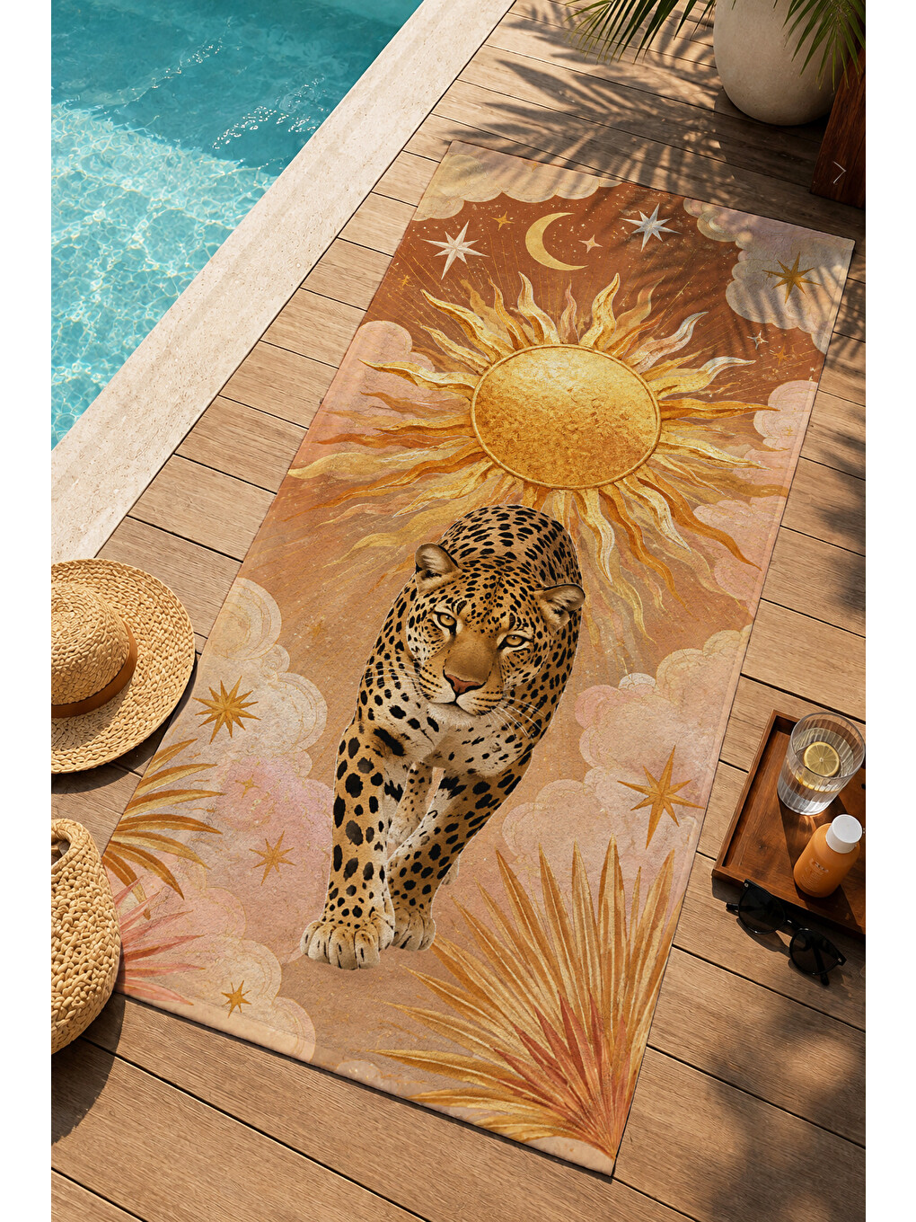 Yeşil Maximalist Leopar Güneş Ve Botanik Desenli 70x150 Plaj Havlusu - Dijital Baskılı Banyo Havlusu-1