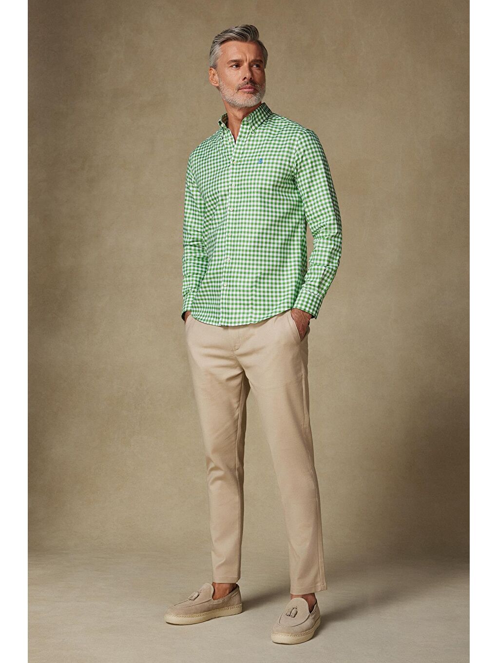 Lusso Twill Pamuklu Comfort Fit Yeşil Düğmeli Yaka Erkek Kareli %100 Pamuk Gömlek-3
