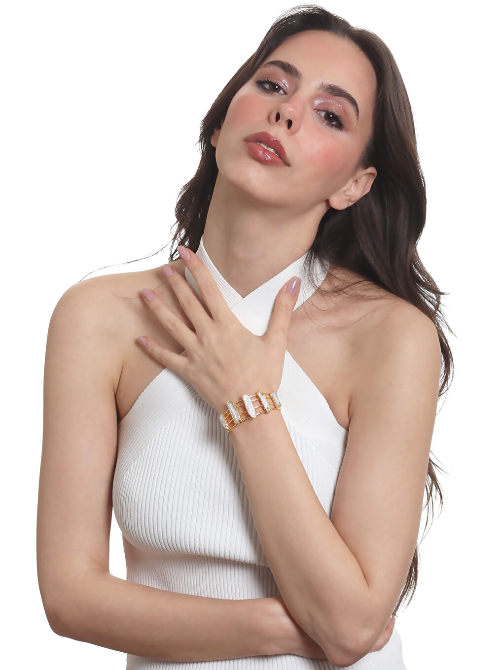 Sarı Kadın İnci Detaylı Dört Telli El Yapımı Tasarım Bileklik-6