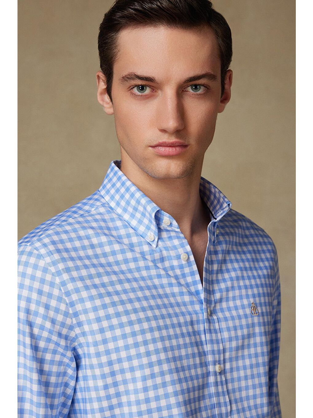 Lusso Twill Pamuklu Comfort Fit Açık Mavi Düğmeli Yaka Erkek Kareli %100 Pamuk Gömlek-2