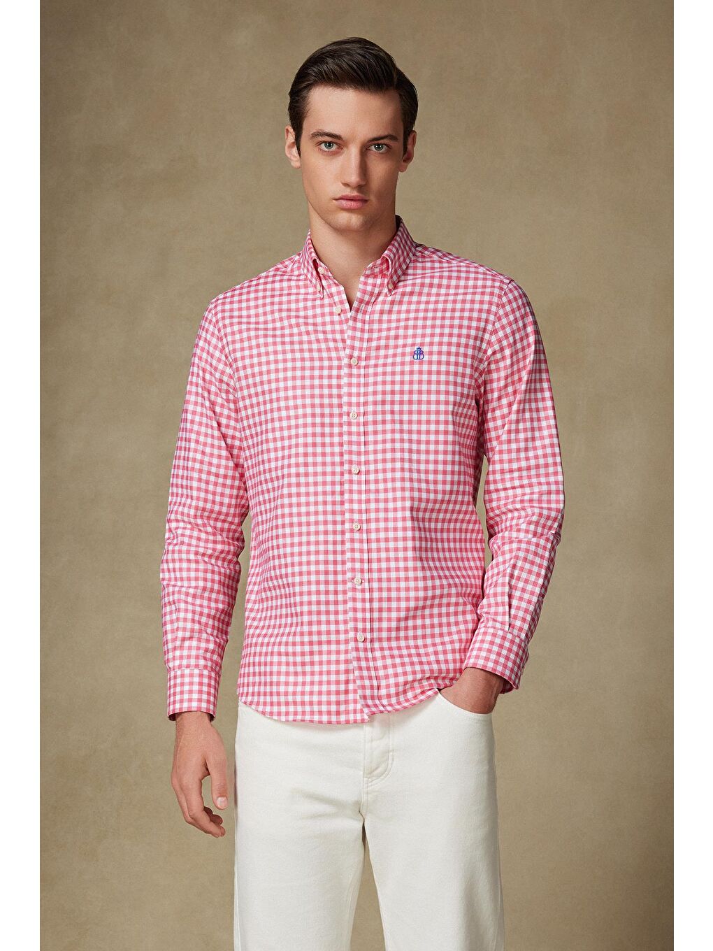 Lusso Twill Pamuklu Comfort Fit Pembe Düğmeli Yaka Erkek Kareli %100 Pamuk Gömlek